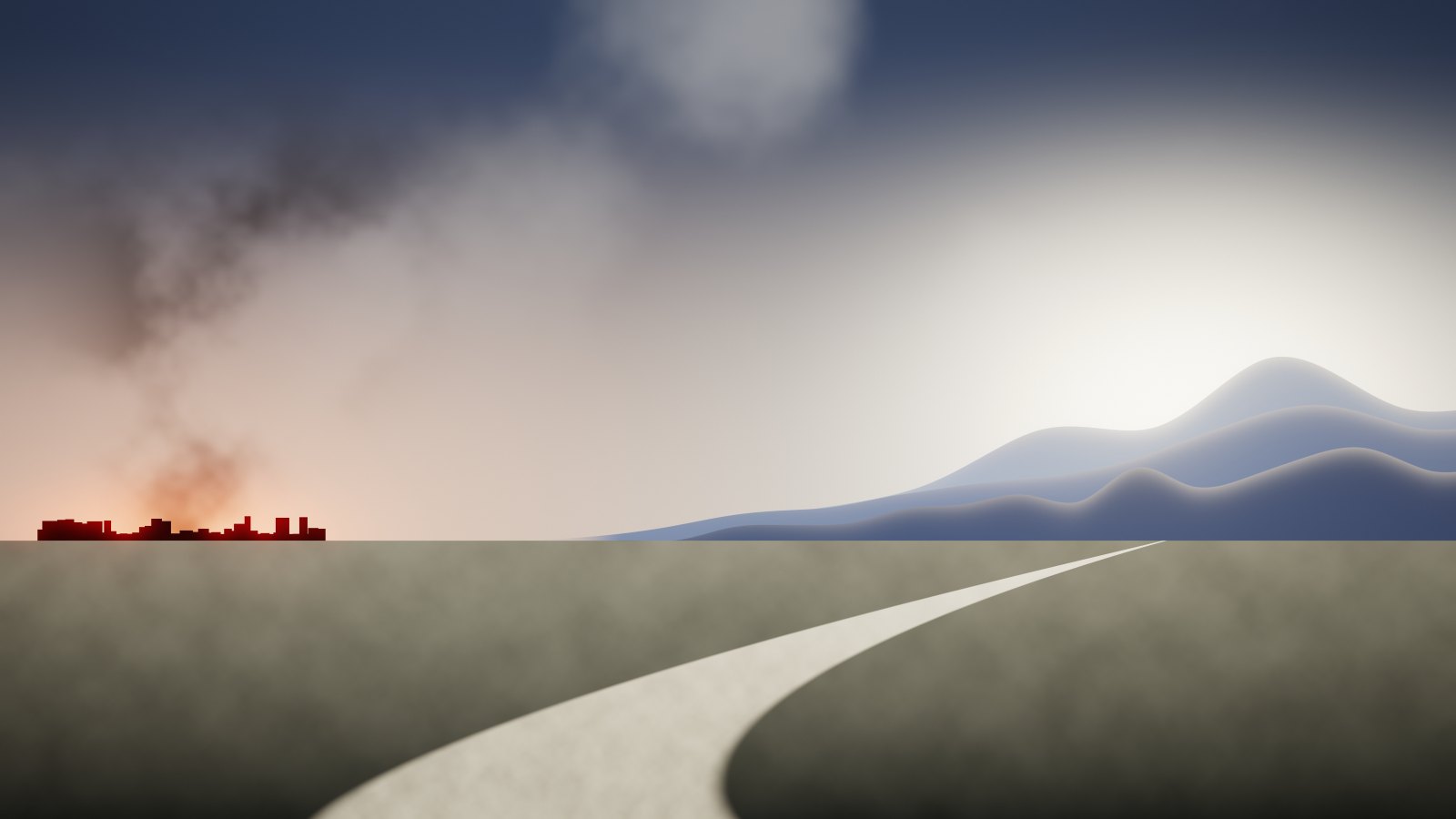 Original artwork: a road leading away from a burning city toward the mountains at dawn.